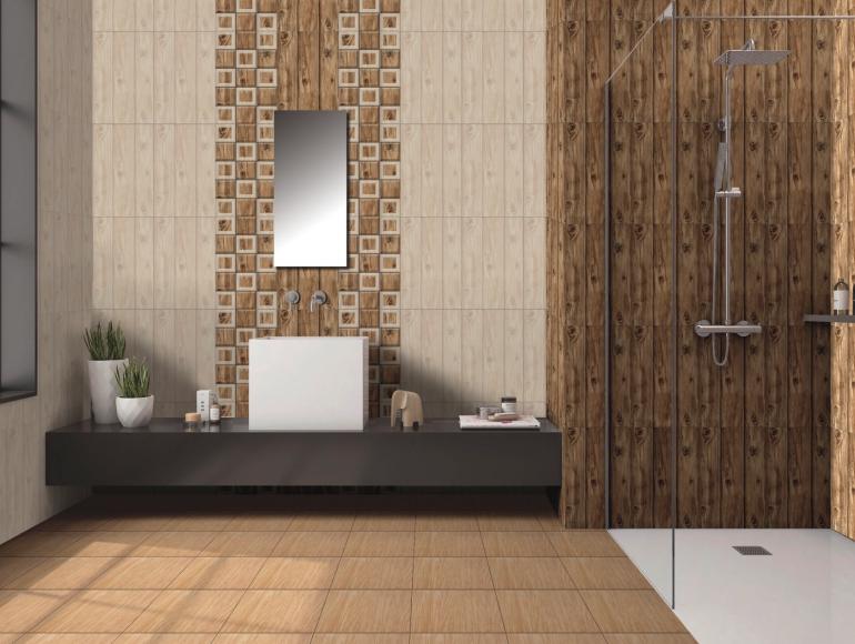 Contemporary wooden bathroom design with wooden wall panels, a sleek vanity, and modern decor.